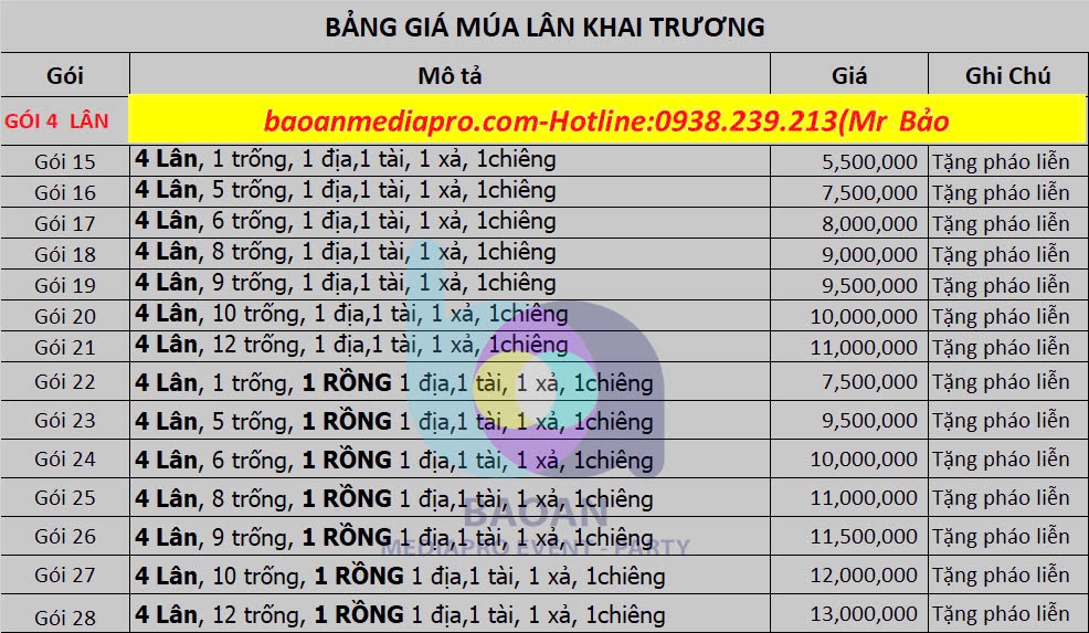 báo giá dịch vụ cho thuê múa lân khai trương