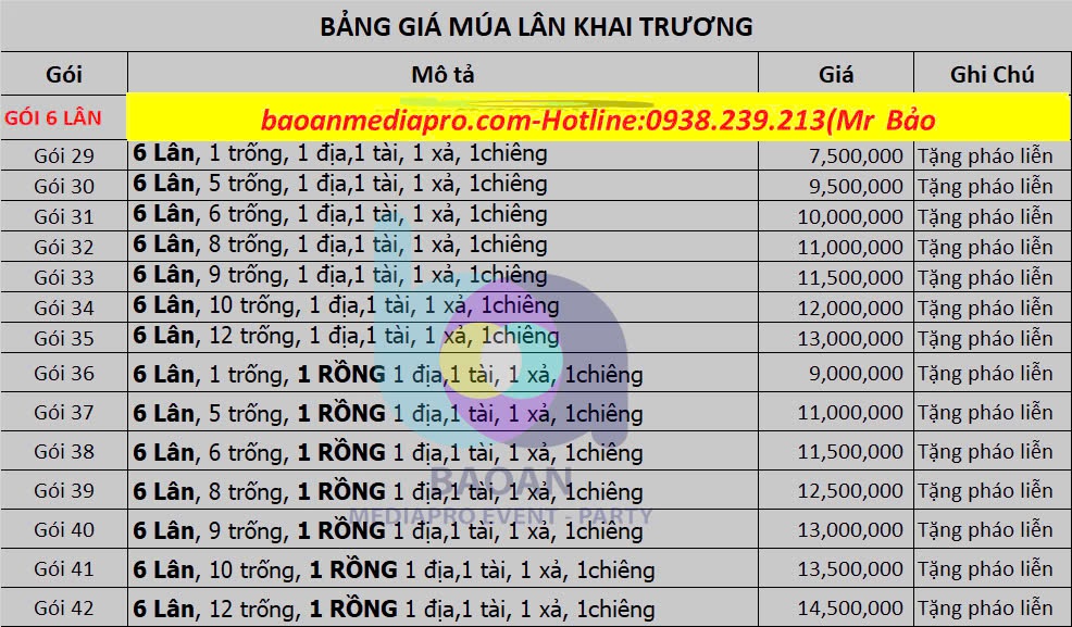 báo giá dịch vụ cho thuê múa lân khai trương